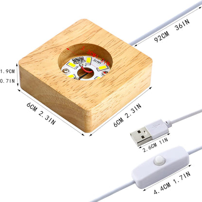 Pack 2 Wooden LED Light Display Base Crystal Glass Light Base Stand Wood LED Display Stand for 3D Crystal Laser Glass Resin Art Warm Light Square USB Only