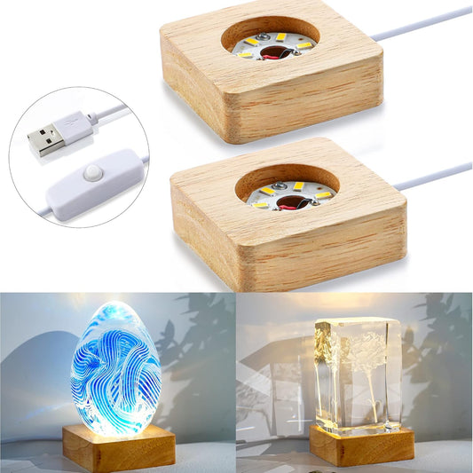 Pack 2 Wooden LED Light Display Base Crystal Glass Light Base Stand Wood LED Display Stand for 3D Crystal Laser Glass Resin Art Warm Light Square USB Only